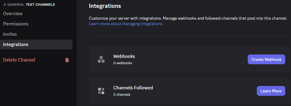 Edit Channel → Integrations → Create Webhook