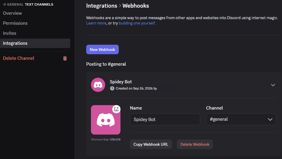 The new webhook, expanded — Name, Channel and Copy Webhook URL