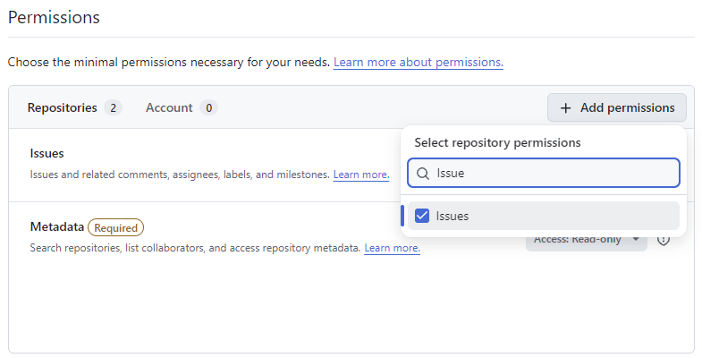 Add permissions → Issues (then set its access to Read and write)