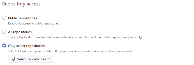 Repository access → Only select repositories → Select repositories