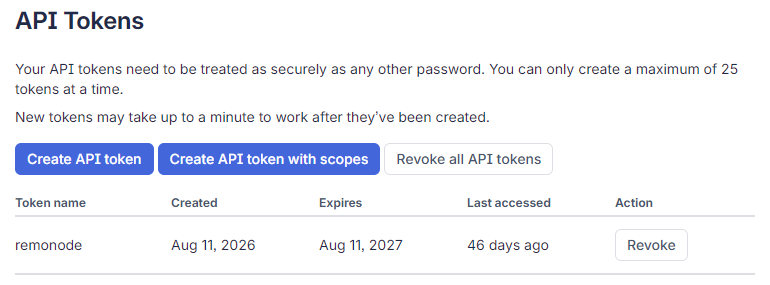 API tokens — use “Create API token”, not the “with scopes” one next to it