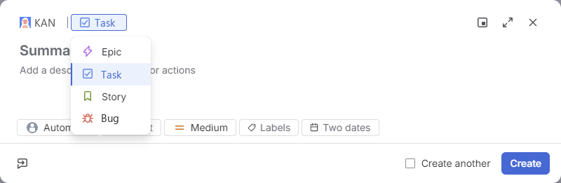 Create → the type menu — Task, Bug, Story… are the names Issue type accepts