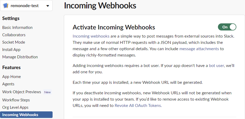 Incoming Webhooks, switched on