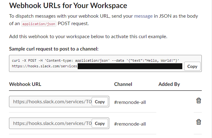 The webhook URL and its channel, with a Copy button