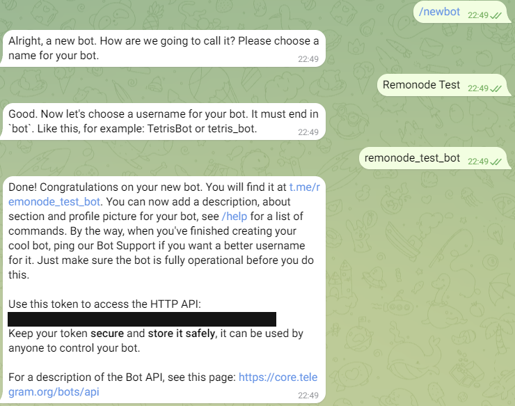 @BotFather: /newbot, a name, a username ending in bot — and the token