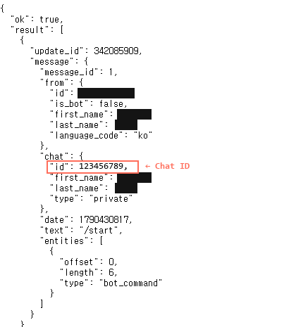 getUpdates after messaging the bot — message.chat.id is the Chat ID